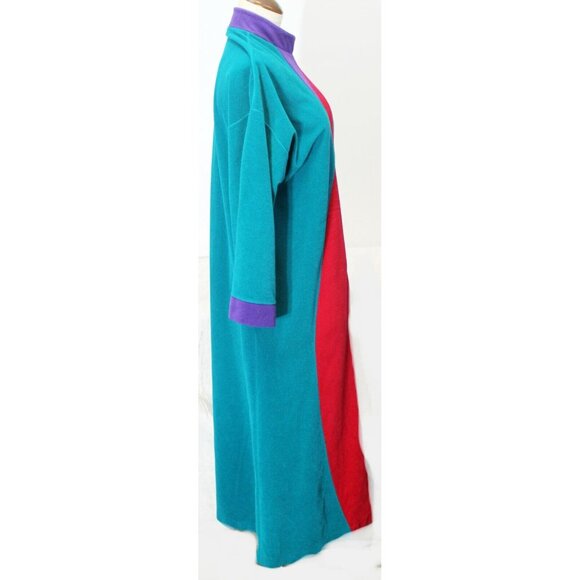 VTG 80s Vanity Fair Teal Fleece Housecoat Robe Women M Zip Long Sleeves Pockets - Picture 5 of 9